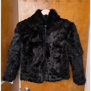 Vintage 70s 80s Rabbit Fur Coat Bomber Jacket Black Zip Girls Size 14 Womens XS